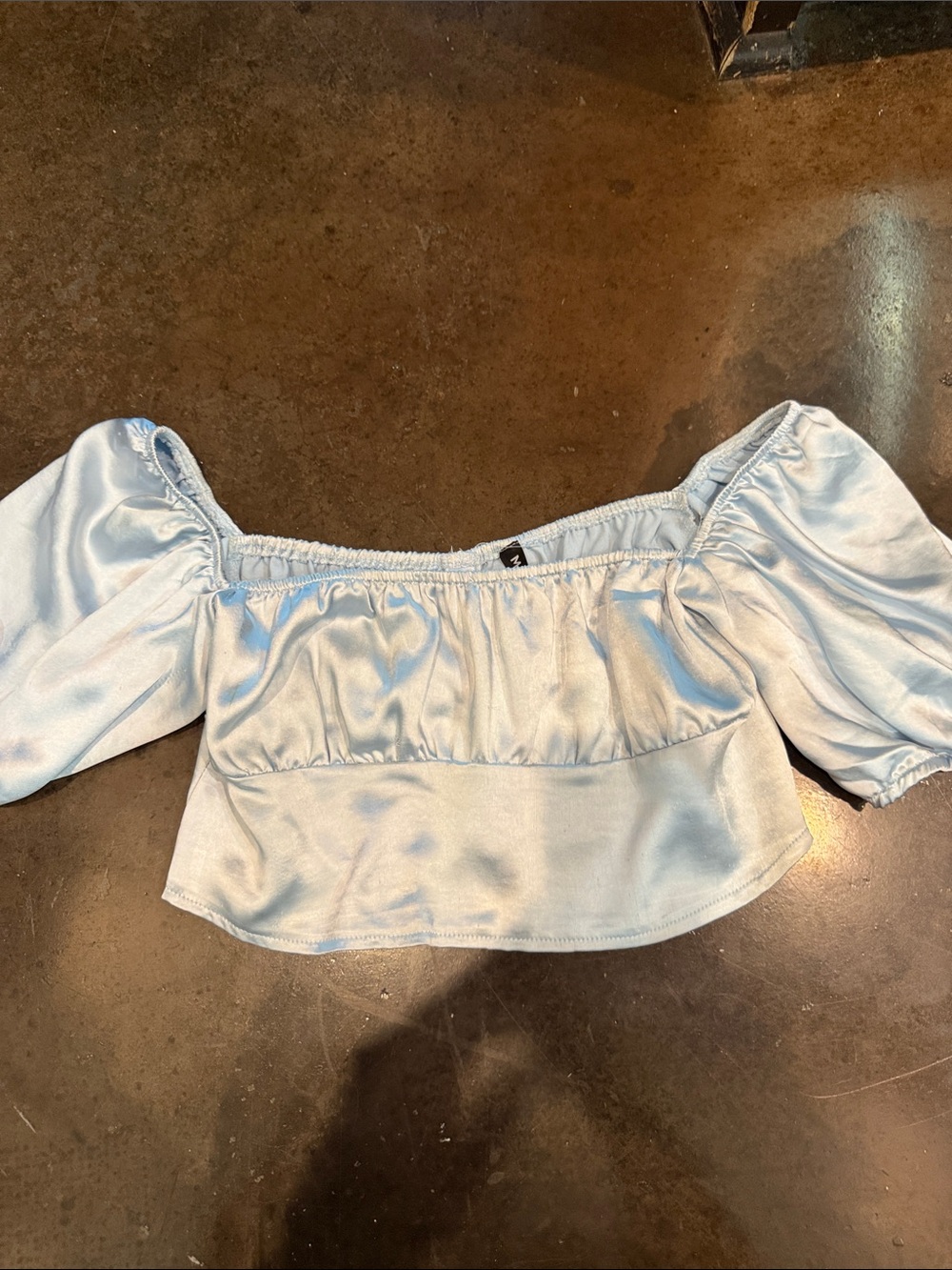 Satin Puff Sleeve Off-Shoulder Crop Top in Light Blue